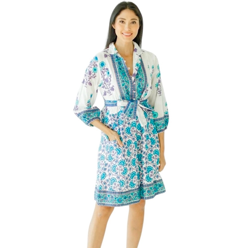 Victoria Dunn Blue and Purple Folly Cotton Blockprint Dress M